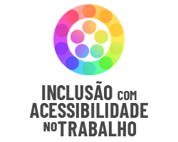 Sobre fundo branco, círculos laranja, amarelo, verde, azul e roxo são envoltos por um maior com as mesmas cores em dégradée, formando uma mandala. Abaixo dela, em preto: Inclusão com Acessibilidade no Trabalho.