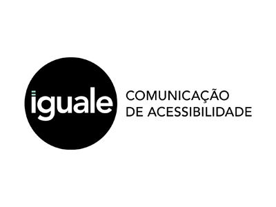 A palavra Iguale em branco está dentro de um círculo preto. O pingo da letra I é feito por dois retângulos verdes, levemente espaçados, um sobre o outro. Do lado direito do círculo, está escrito: Comunicação de Acessibilidade.